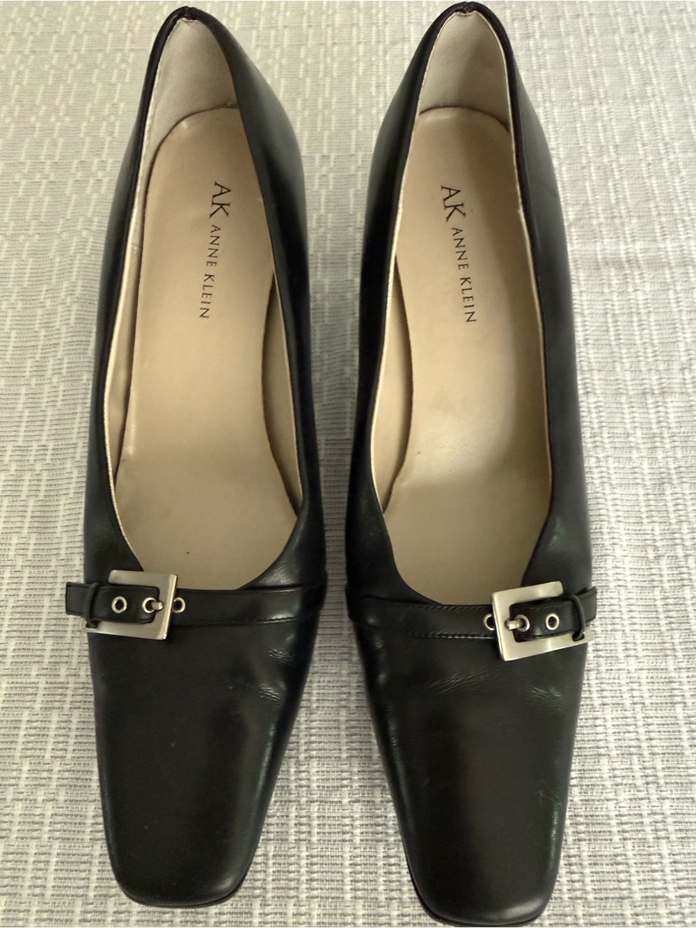 Anne Klein Black Leather Square-Toe Pumps with Silver Buckles